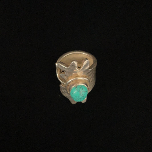 925 Battered Silver Mexican Modernist Ring with Turquoise Stone