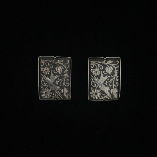 Antique Silver Clip On Earrings With Etched Stone